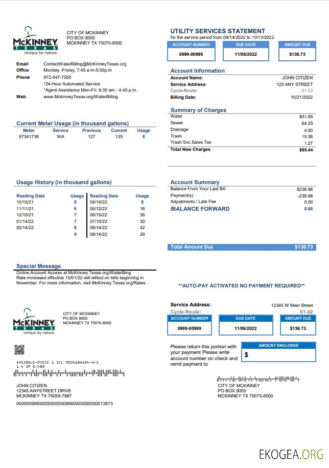 USA Texas McKinney utility bill template in Word and PDF format